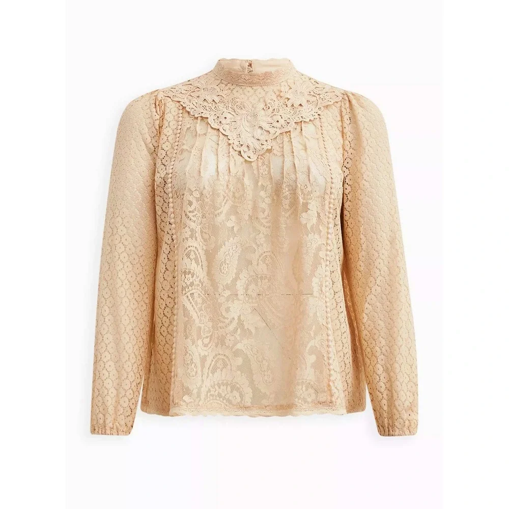 Torrid Mixed Lace High Neck Long Sleeve Blouse Beige Cream 2 2X Victorian - Picture 5 of 10